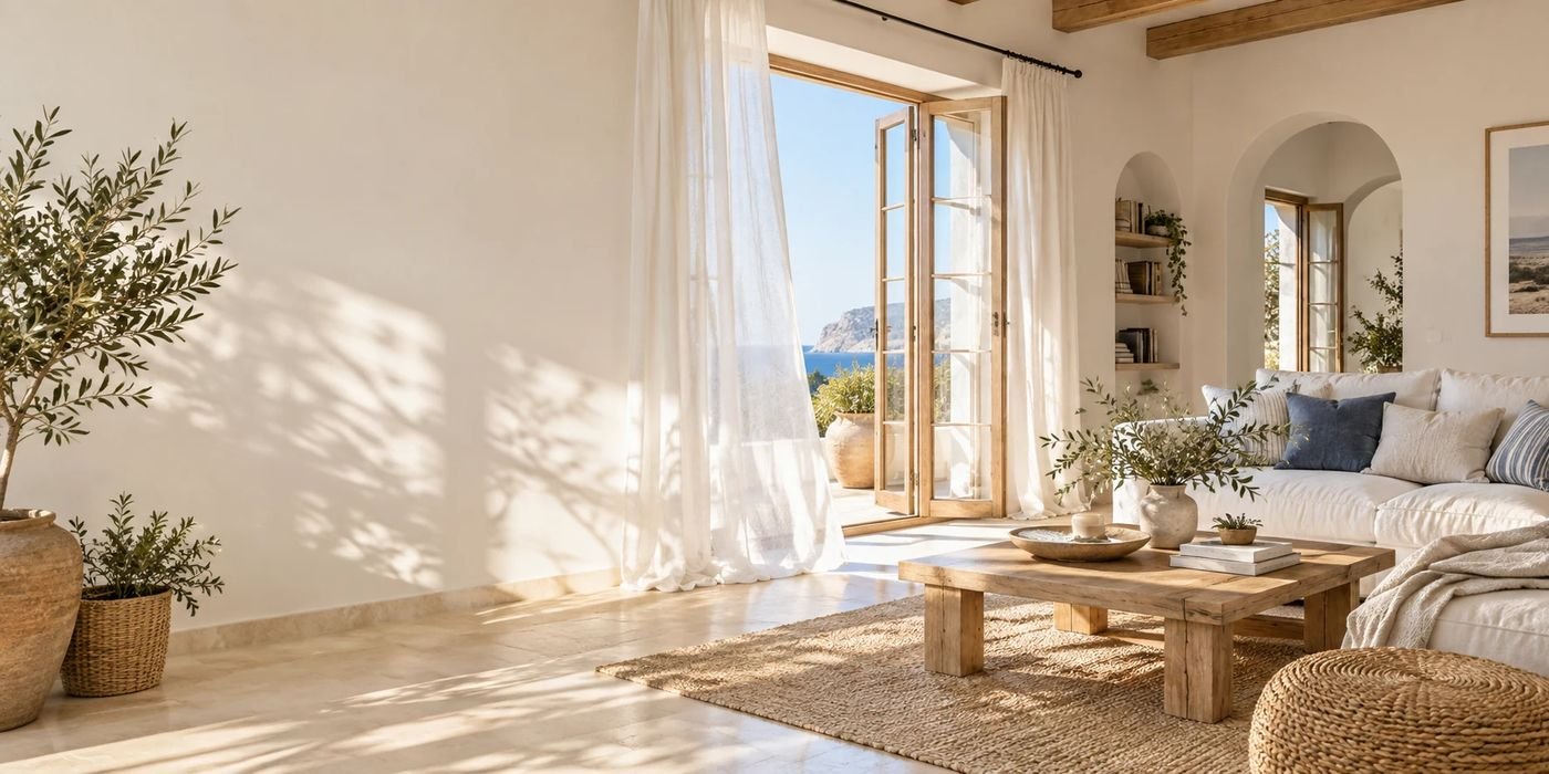 Hogar mediterráneo luminoso con textiles de lino y ramas de olivo, como símbolo de limpieza espiritual del hogar